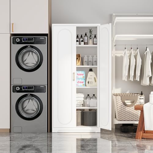 SteeLoong Kitchen Pantry Cabinet,71”Metal White Storage Cabinet with Doors and Shelves,Tall Cabinet with 2 Gold Hands for Dinning Room,Living Room - color: White, size: 71"H Arc