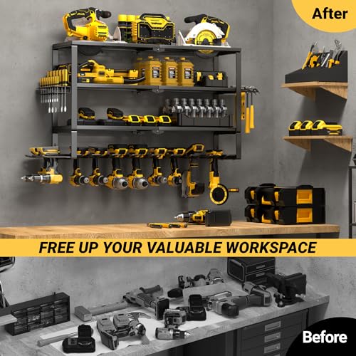 YYR Large Power Tool Organizer Wall Mount, Heavy Duty Metal Cordless Drill Storage Rack with Battery Charging Station Shelf, Utility Racks for Garage Organization, 4 Layer 10 Drills Holder Extra Tall - size: 4 Layer 10 Drills Holder Extra Tall