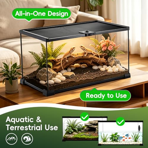 10 Gallon Reptile Terrarium Glass Kit 20" x 12" x 10" Starter Habitat for Tarantula, Succulents, Frogs, Gecko, Snake or Hermit Crabs, Tank with Escape-Proof Locking Lid - size: 10 gallon
