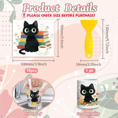 Peacoblue 18 Sheets Rub on Transfers for Crafts, Cat with Books and Flowers 3.6"x3.9" UV DTF Cup Wraps Waterproof Cold Transfers Stickers for Wood Glass Metal Cup Tumblers Mirrors Mugs Home Decor - style: Cat with Books and Flowers