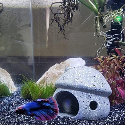 Saim Aquarium Decorations Mushroom House Ceramic Cave, Betta Fish Hideout Breeding Mushroom Cave Fish Tank Ornaments for Amano Shrimp Cichlid Bonsai to Play, Hide and Rest - Grey - color: Grey