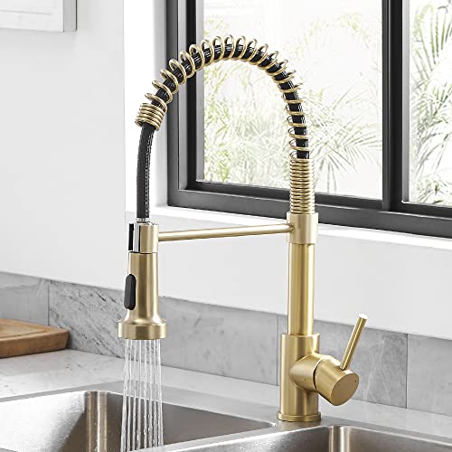 Kitchen Faucets with Pull Down Sprayer 304 Stainless Steel Industrial Single Handle One Hole Faucet for Farmhouse Camper Laundry Utility Rv Wet Bar Sinks Gold 9009K - color: C - Brushed Gold