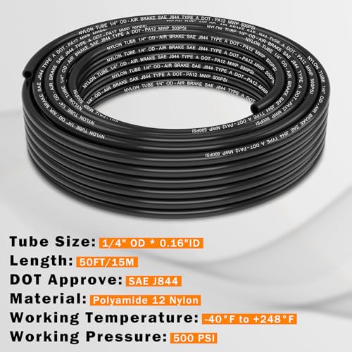 CheeMuii 50 FT 1/4 Pneumatic Tubing 1/4" PA12 Nylon DOT Air Line SAE J844 DOT Air Hose 15.3 Meter 1/4 Inch OD Pneumatic Air Tubing Pipe Hose Line - color: Black, size: 1/4"OD-50FT