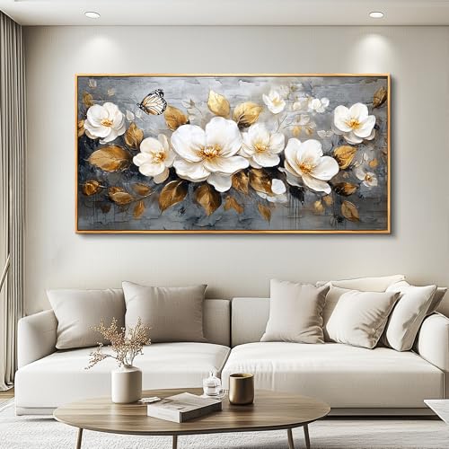 FUHAIHUA Large Wood Framed Wall Decor For Living Room Canvas Wall Art For Office Modern Wall Decorations For Bedroom White Flower Painting Farmhouse Pictures Artwork Room Home Decor 24x48 In - color: White Flower Wood Framed, size: 48"L x 24"W