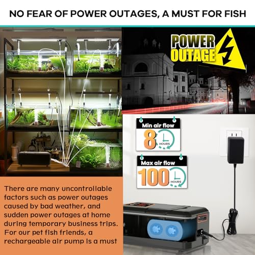 hygger IPX6 Rechargeable Aquarium Pond Air Pump, Powerful Quiet Tank Air Pump with Hose Air Stone Check Valve Adjustable Flow Diverter Valve for Fishing Yacht/Power Outages/Hydroponic - size: 300GPH