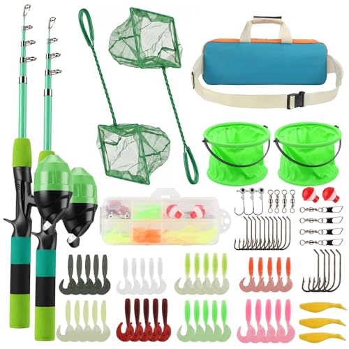 Kids Fishing Rod Reel Combo 4.92FT/5.9FT 2PCS Telescopic Fishing Pole Spincast Reel with Fishing Accessories Ultralight Fishing Tackle Starter Kit Kids Fishing Pole for Boys Girls Toddlers - color: Spincasting-4.92FT-2pack-Green
