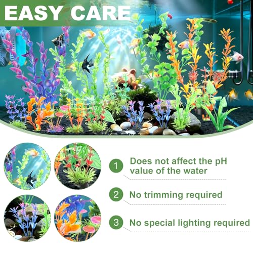 Aquarium Plants 16P, Plastic Fish Tank Plants, Different Types Artificial Decor Aquarium Artificial Plastic Plants, Turtle Goldfish Betta Fish Tank Decor Set, Fish Decor for Tank (Colorful)