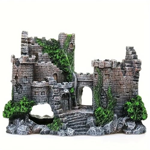 Ancient Castle Ruins Aquarium Ornament, Resin Fish Tank Decoration with Moss Accents, Hidden Cave Shelter for Betta Fish, Breeding & Hiding Habitat Decor, Black
