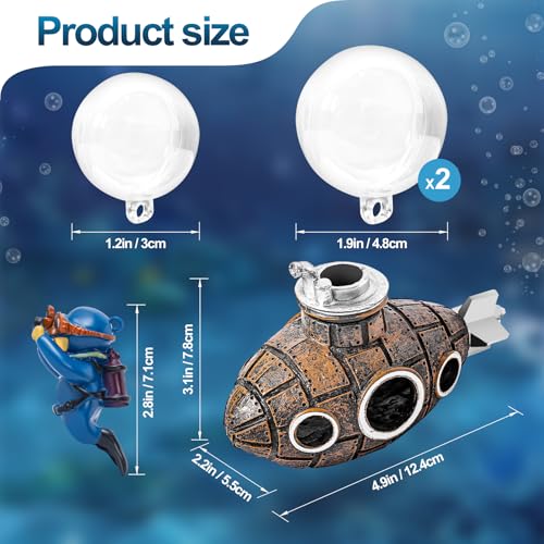 New Upgrade Floating Fish Tank Decoration, Cute Retro Submarine Set and Floating Diver,Three Float Balls, Aquarium Decorations Resinous Betta Fish Tank Accessories - color: Brown