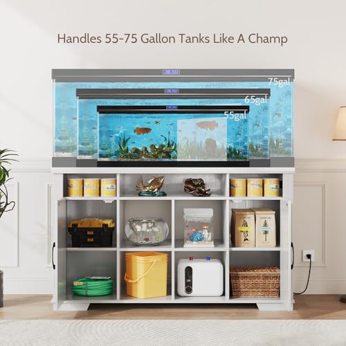 55-75 Gallon Fish Tank Stand with Power Outlet, Farmhouse 75 Gallon Aquarium Stand with Cabinet for Fish Tank Accessories Storage, Shelf, for Turtle Tank, Reptile Terrarium, 1000 LBS (White)
