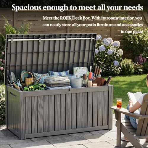 ROJIK 150 Gallon Outdoor Storage Box Waterproof,Weatherproof Deck Boxes Outdoor Lockable,Resin Outside Storage Box for Garden Tools,Cushions,Pool Accessories(Grey,150 Gal) - color: Grey, size: 150 Gallon