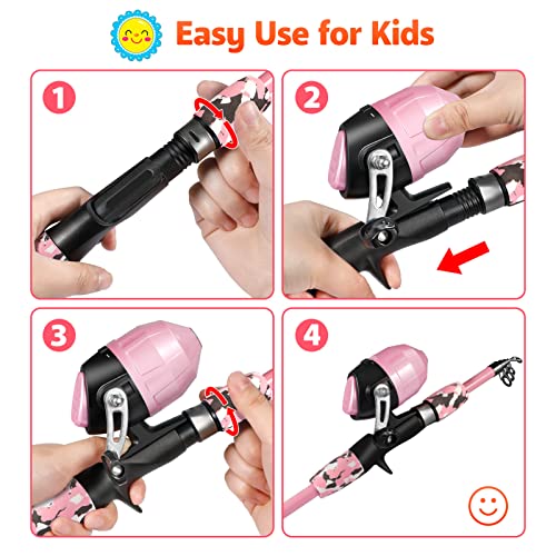PLUSINNO Kids Fishing Pole with Spincast Reel Telescopic Fishing Rod Combo Full Kits for Boys, Girls, and Adults - color: Pink, size: 4FT / 1.2M