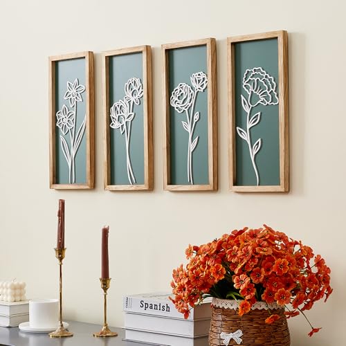 HKBS 3D Wooden Floral Wall Art, Set of 4 Framed Flowers Wall Art Sculptures, Boho Farmhouse Minimalist Decor for Bathroom Bedroom Living Room Kitchen or Office Wall Decorations Housewarming Gifts (Green)