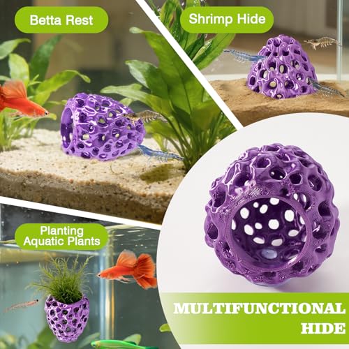 Shrimp Dome Hide, Shrimp Hides for Aquarium, Betta Fish Hideout with Suction Cup, Betta Habitat Tank Ornament Accessories, Aquarium Decor for Small Fish Guppy Hiding Resting (Purple) - color: Purple