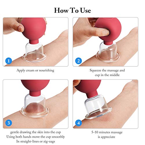 BBTO 4 Pieces Glass Cupping Set Glass Silicone Cupping Cups Massage Vacuum Suction Cupping Cups for Body Face Leg Arm Back Shoulder Muscle and Joint Pain (Red) - color: Red