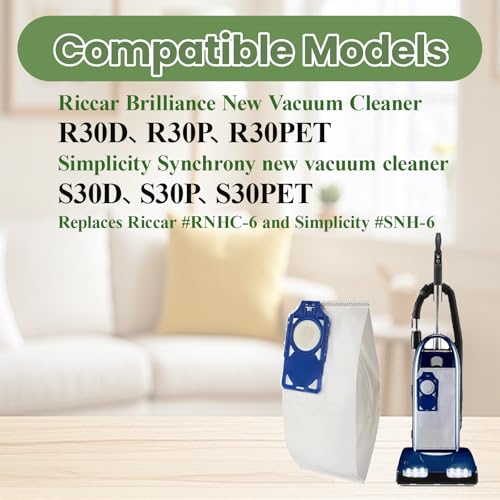 10 Pack R30D HEPA Replacement Dust Bags for Riccar Brilliance R30PET,R30D, R30P, & Simplicity Synchrony S30PET,S30D, S30P, Part RNHC-6/SNH-6,Upright Vacuums Cleaner