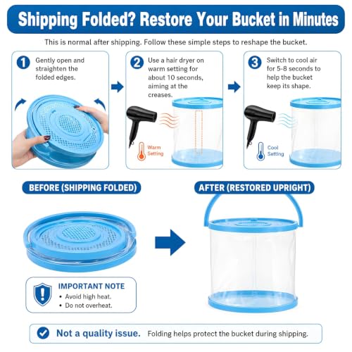 ZAVOOS 2 Pack Foldable Small Aquarium, Plastic Portable Fish Tank with Lid, Clear Fish Transport Container Fishing Bucket for Catch Release, Beach Travel, Lake, Outdoor, Blue