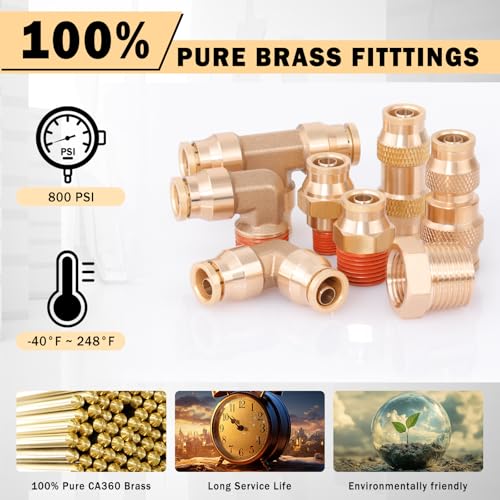 CheeMuii 3/8 Brass DOT Air Fittings With 100 FT 3/8" DOT Air Line Kit Quick Connect Air Line Fittings and Black Pneumatic Tubing for Semi Truck Trailer or Industrial Air Syste - color: black & gold, size: 3/8"100ft-35pcs