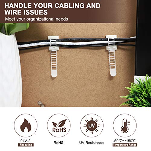 50Pcs Adhesive Cable Management Clips with 50Pcs Zip Ties, Adjustable Nylon Cable Strap Ties Wire Clips Clamps Organizer, Extra Screw & Hole - 3.35 Inch White - color: White, size: M-50pcs