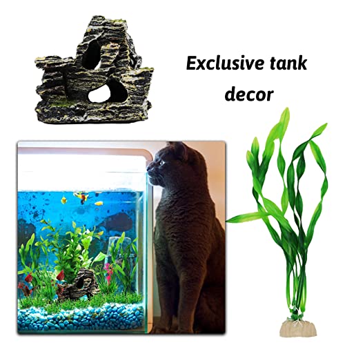 Fish Tank Accessories Aquarium Decorations Rock Plants, 20pcs Green Fish Tank Decorations Plants and Cave Rock Decoration Decor Set, Fish Tank Decor, Aquarium Decor Plastic Plants