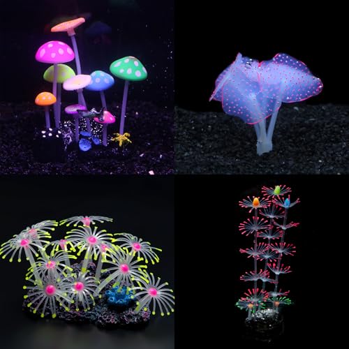 Swaying Coral Decor Set - 4-Pack: String, Starry, Feather & Mushroom Soft Silicone Aquarium Ornaments with Lifelike Motion for Freshwater & Saltwater Fish Tanks, Safe Fish Shrimp Habitat