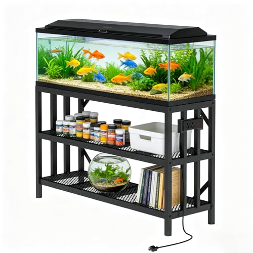 55-75 Gallon Aquarium Stand with Built-in Power Outlet, Heavy Duty 3 Tier Fish Tank Stand with Adjustable Storage Shelf, Metal Frame Holds 1000 LBS, Stable Anti-Slip Design (75-55 Gallon with Power Outlets)