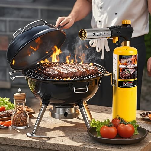 Propane Torch Head Kit with 2x MAPP Gas Tank,4-Flame Blow Torch Head Trigger Start Propane Torch with Igniter MAP Gas Torch Grill Gun on 1-lb Propane Tank Holder for Soldering Brazing Cooking