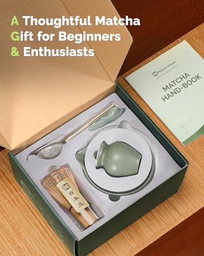 Maestri House Matcha Whisk Set, 7-Pc Complete Matcha Kit with Spouted Ceramic Bowl, Bamboo Whisk and Holder, Scoop, Spoon Rest & Sifter, Tea Cloth – Ideal Gift for Matcha Lovers (Moss-Green) - color: Moss-Green