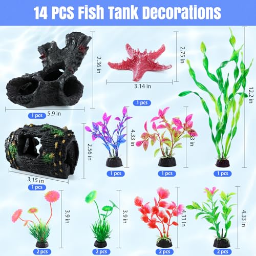 14pcs Fish Tank Decorations Set, Aquarium Decor Driftwood, Resin Fish Broken Barrel and Artificial Plastic Plants, Fish Bowl Ornaments Betta Tank Hideout Accessories