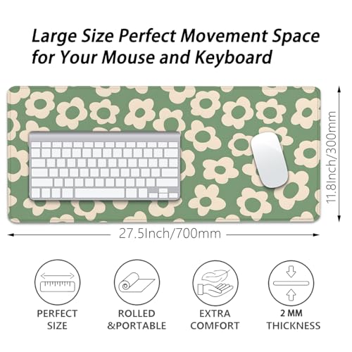 Green Daisy Flowers Desk Pad Mouse Pad,Large Daisies Floral Mouse Mat with Stitched Edges,Non-Slip Rubber Base Mousepad for Office PC Keyboard Laptop and Home Work Desk Mat(27.5X11.8 in) - color: Green Daisy