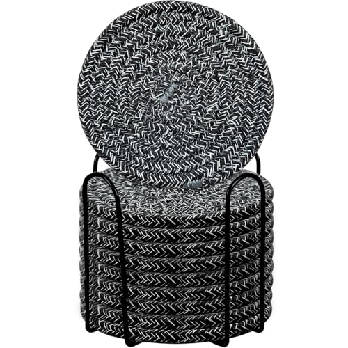 ABenkle Drink Coasters with Holder Set of 10, Cotton Woven Absorbent Coasters for Drinks, Minimalist Home Decor Coaster Set for Wooden Tabletop Protection Table, 4.3 inches - color: Black Mixed Gray, size: 10 Pcs