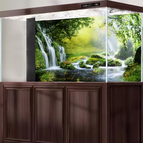 Waterfall Aquarium Background Majestic Jungle Rainforest Scenery Fish Tank Background Majestic Cascading Waterfalls Terrarium Backgrounds Idyllic Scenic Tranquil Lake Reptile Tank Backgrounds 24x12in - color: Foggy Green, size: 24(W)x12(H)in