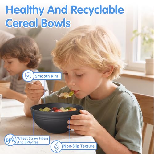 Quatish 10 PCS Unbreakable Cereal Bowls,Dishwasher & Microwave Safe Wheat Straw Bowls, Easy-to-Clean Lightweight Desserts & Soup Bowl, Portable for Picnics ，Snack Plastic Bowls Set,Black - color: Black