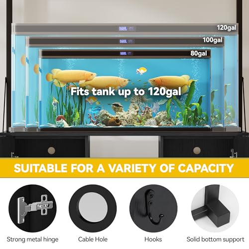 DWVO 40-120 Gallon Fish Tank Stand with Power Outlets, Heavy Duty Aquarium Stand with Storage, Metal Reptile Terrariums Table for Turtle Accessories Storage,1100LBS Capacity, Black - color: Black, size: 49''L*24''W*69''H