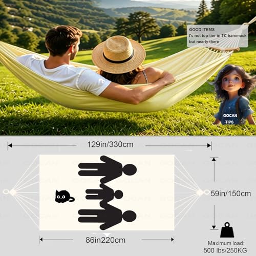 GOCAN Double Hammock 2 Person Extra Large 86inx59in Total Length 129in Load 500lb Canvas Cotton Hammock for Patio Porch Garden Backyard Lounging Outdoor and Lndoor with Removable Spreader Bar - color: White