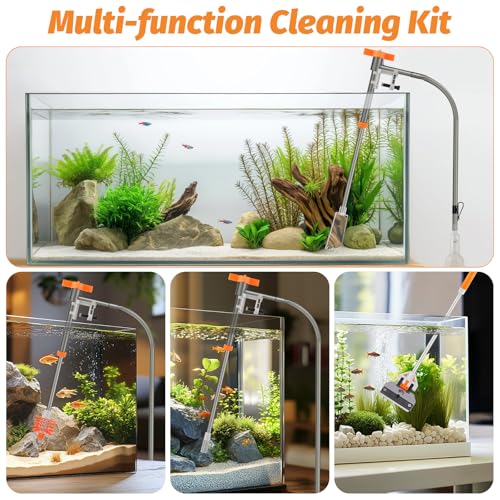AQQA Aquarium Siphon Vacuum Cleaner Kit with 3 Replaceable Heads, Extra 2-in-1 Algae Scraper Cleaning Brush, Manually Siphon Ball Water Changer, Extendable Length to 38.2In for Fish Tank Cleaning (M)