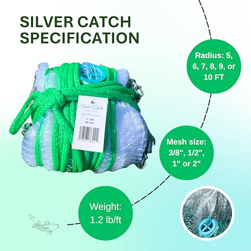 Cast Nets 4.5ft-10ft Radius|3/8",1/2",1" Mesh for Fishing with Chain Bottom, Salt Water Casting Fishing Net Gear, Easy Throw Nets Fishing Bait - Elite Series - size: 8' Radius | 1" Mesh