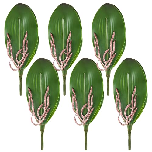Miracliy Fake Orchids 6 Pack Artificial Orchid Leaves Faux Greenery Stems for Vase Shelf Desk Bathroom Decor and DIY Floral Arrangements for Small Spaces - size: 6pcs