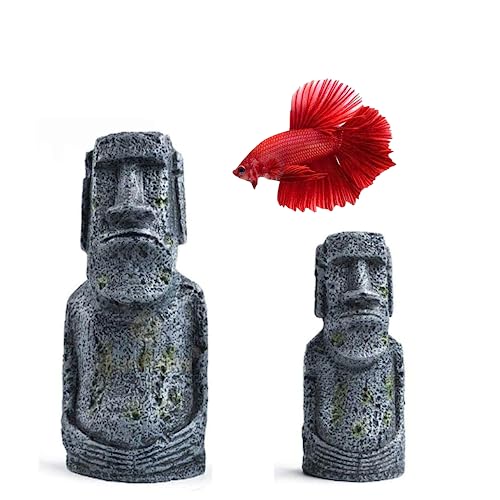 SunGrow Betta Fish Moai Decor, 7" and 5", Hollow Resin Replicas of Easter Island Statues, Freshwater, Saltwater Tank Decor, Terrariums and Vivariums, 2 Pcs per Pack