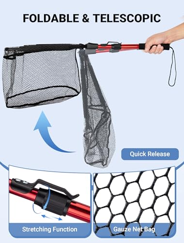 Upgraded Foldable Floating Fishing Net, Tangle-Free Anti-Snag Coated Landing Net, Quick Release & Easy Fold, Portable Fishing Gear for Ranger Boat, Kayak & Trout Salmon Bass Fishing, Gifts for Men - size: 27-35" Extendable
