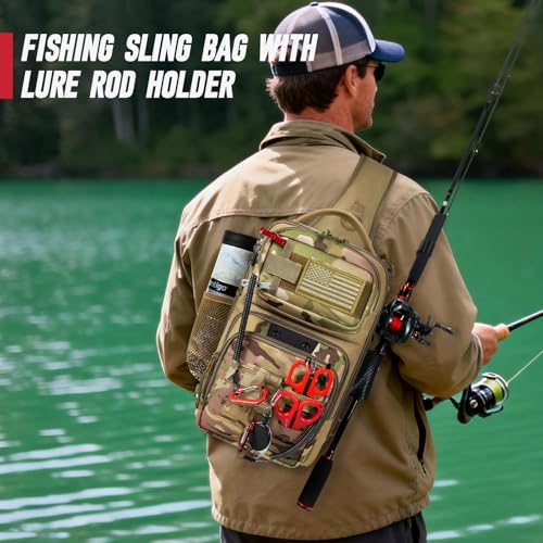 Fishing Sling Bag with Tackle Box, MOLLE System Fishing Backpack with Fishing Lures Kit, Fish Hook Remover Tool, Fish Lip Gripper, Fishing Plier & Accessories, Fishing Gear Gift for Men, Khaki - color: Brown-01Set