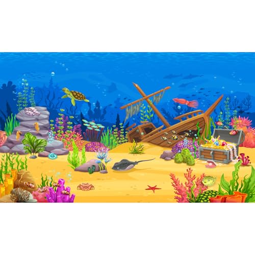 Cartoon Underwater Landscape Aquarium Background Tropical Coral Reef Sunken Ship with Sea Animals Terrarium Background Deep Blue Ocean Fish Crab Treasure Chest Sea Turtle Fish Tank Backdrop 24x12in - color: Light Blue, size: 24(W)x12(H)in