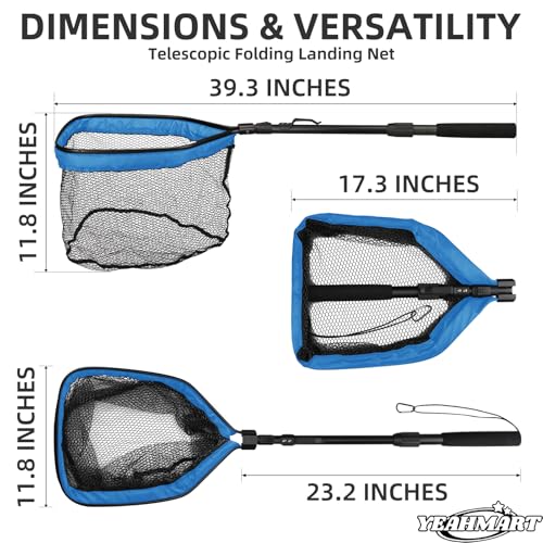 Yeahmart Floating Fishing Landing Net for Fresh & Saltwater, Foldable Telescopic Pole with Rubber Coated Mesh, Portable Collapsible Fish Net Gear for Kayak Boat Trout Bass, Blue, 31.5/39.3/47.2 inch - size: 39.3" Total Length (Telescopic Handle)