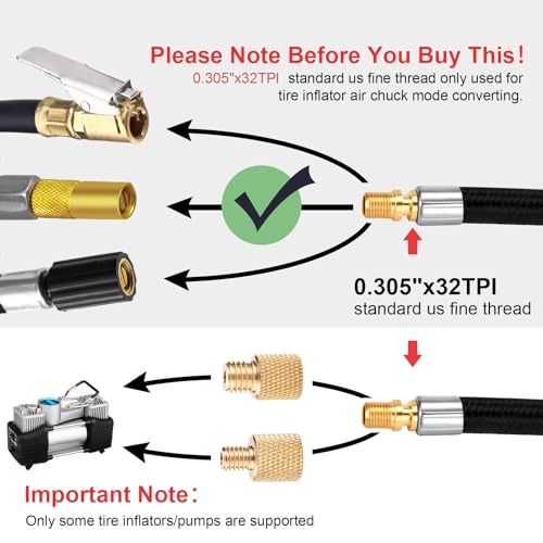 LUMITECO 31" Upgraded Lengthened Tire Inflator Hose Adapter &Converting Nuts, Lock On Air Chuck with Hose and Tire Schrader Valve Fine Thread, for tire pump's Twist On Convert to Lock On Connection