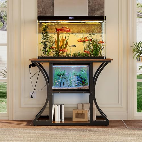 50 Gallon Aquarium Stand with Power Outlets Fish Tank Stand with 3-Tier Storage Shelves Display Stand for Turtle Tank Shelves Metal Frame Stand for Living Room Office Entryway,Brown - color: Brown