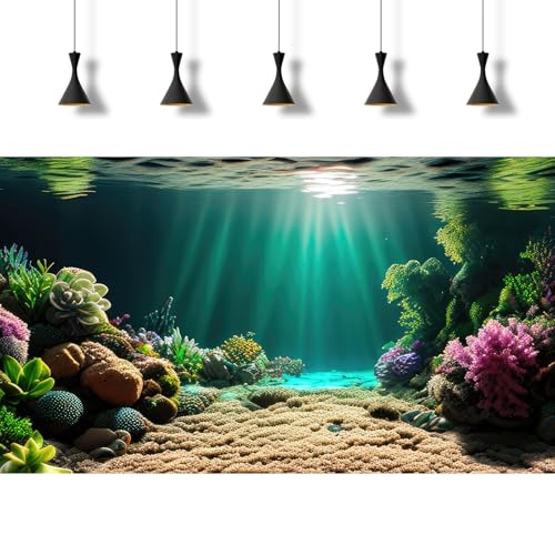 Underwater Scene Aquarium Background Under The Sea Coral Reefs Fish Tank Background Ocean Sunray Seabed Sand Rocky Outcrops Terrarium Backgrounds Tropical Sea Marine Life Tank Backgrounds 24x12in - color: Green_Brown, size: 24(W)x12(H)inches/ 60(W)*30cm(H