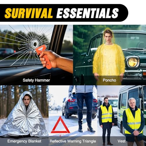 Nilight Car Emergency Kit with Jumper Cable, First Aid Kit Safety Assistance Tools for Travel Camping Outdoor Cars Truck SUV RV, Roadside Essentials with Flash Light - color: Essential Kit+Digital Air Compressor