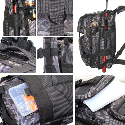 Lightweight Fishing Tackle Backpack Professional Water-Resistant All-in-One Rod Holder & Gear Storage - color: Black
