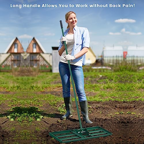 Goplus Lawn Leveling Rake, 30" x 10" Heavy Duty Level Lawn Tool w/ Ergonomic Handle for Soil, Effort-Saving Landscape Rake for Garden, Backyard, Golf Course, Farm, Pasture - style: 30" x 10", Green