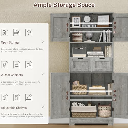 TEENFON 57.8" H Tall Storage Cabinet with 2 Drawers & 2 Adjustable Shelves, Bathroom Storage Cabinet with 4 Doors, Floor Cupboard, for Living Room, Dining Room, Entryway, Woodgrain Gray - color: Grey 2 Drawers